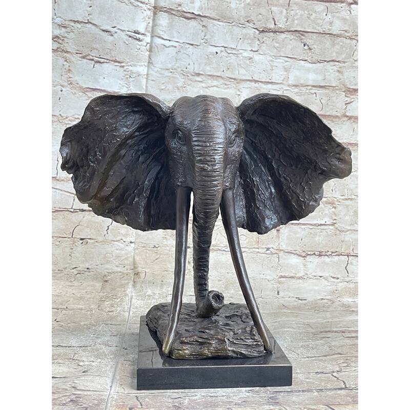 Imitative Elephant Head Bronze Metal Bust Statue Sculpture Figure Decor Signed Original Art Marble Base