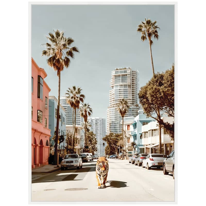 Kate and Laurel Sylvie California Tiger Roaming through Palm Springs Framed Canvas by Michael Schauer