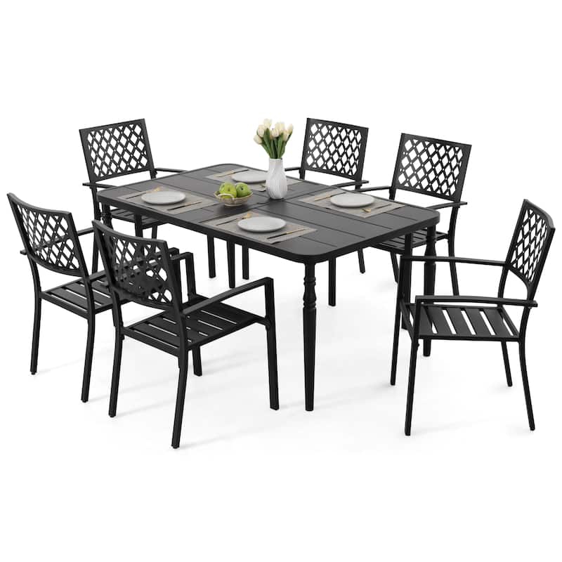 Patio Metal Dining Set with 6 Stackable Chairs and Umbrella Hole, Black