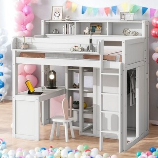 Wood Twin Size Loft bed with Multiple Storage Shelves and Wardrobe, White