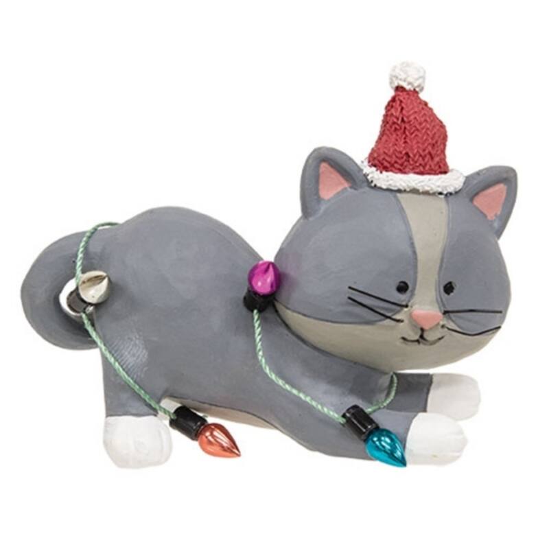 Resin Cat with Red Hat and Christmas Lights - 2.25"H - Multi