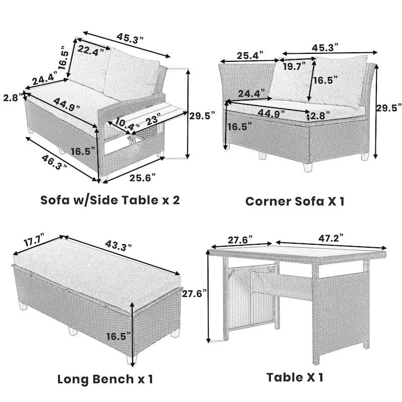 Roomfitters 5-Piece Outdoor PE Wicker Patio Sofa Set with 2 Extendable Side Tables, Dining Table