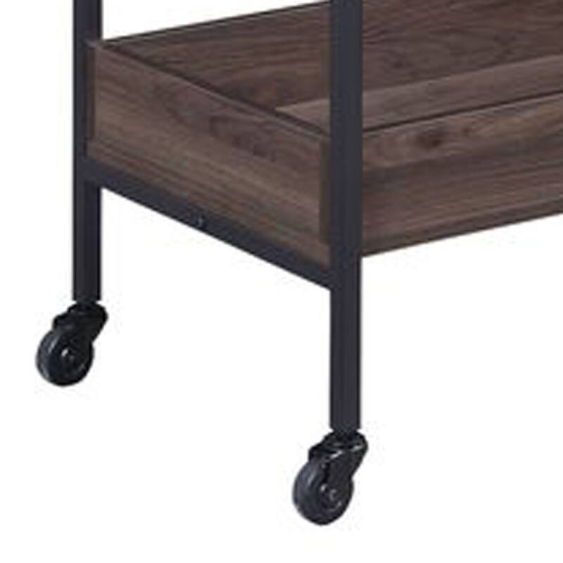 2 Tier Serving Cart with Wooden Shelves and Metal Frame, Brown
