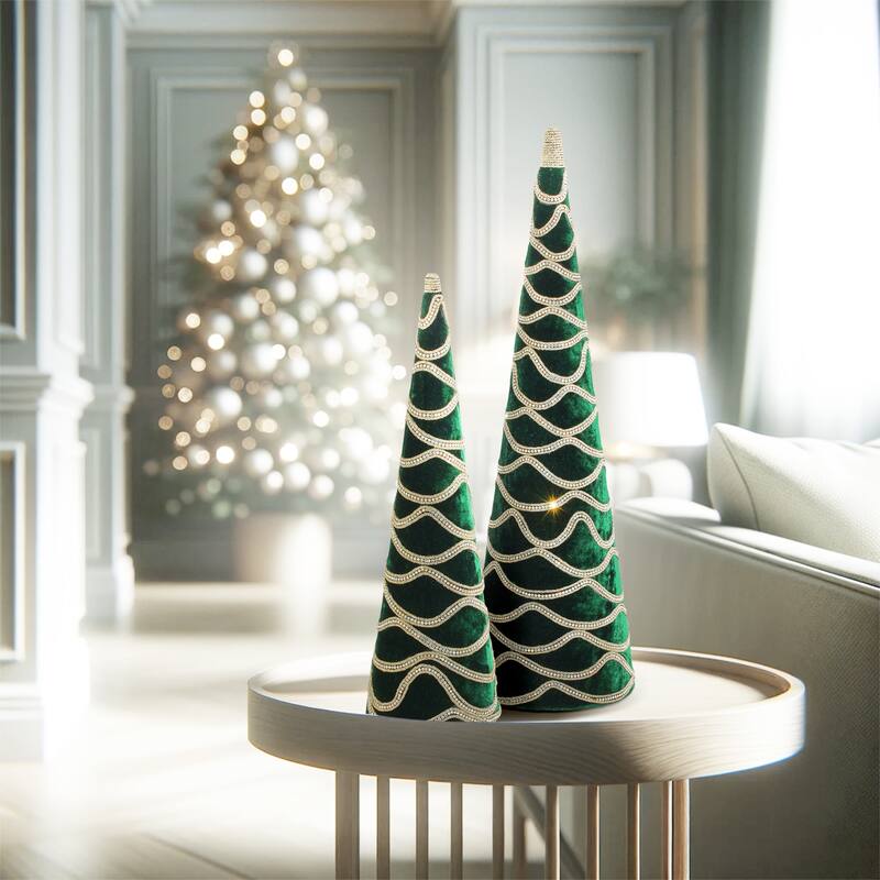 18-24" Velvet With Jewel Cone Tree Set of 2 - Green