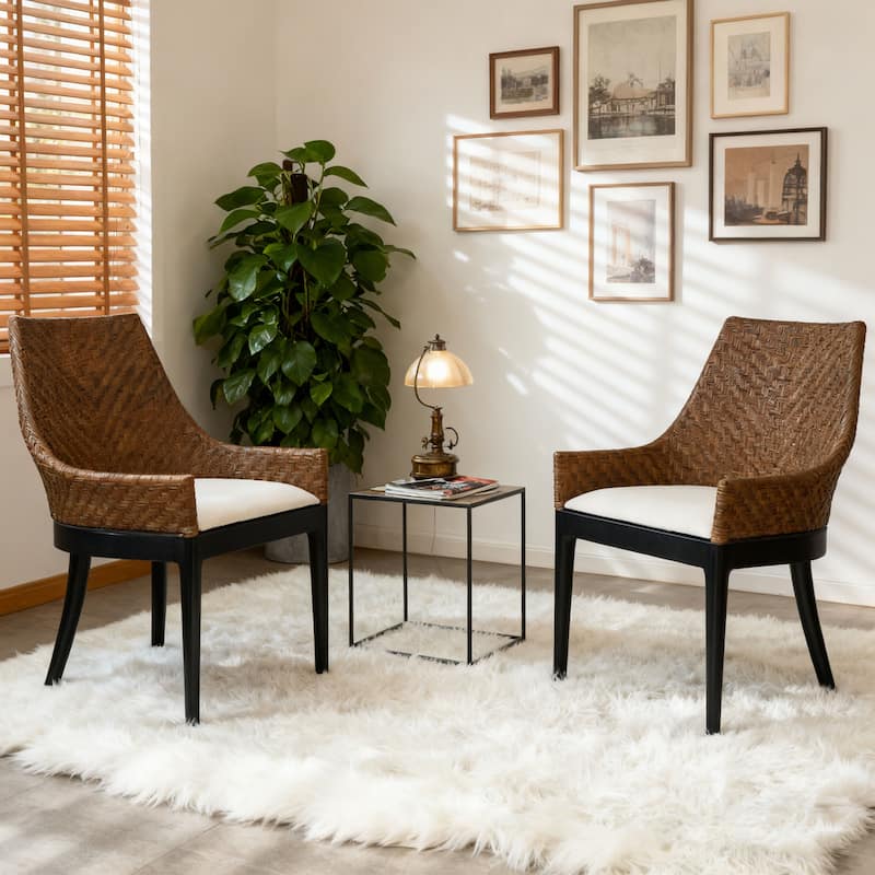 Bohemian 18" W Natural Rattan Backrest with Upholstered Armchair - Set of 2 - Natural Black