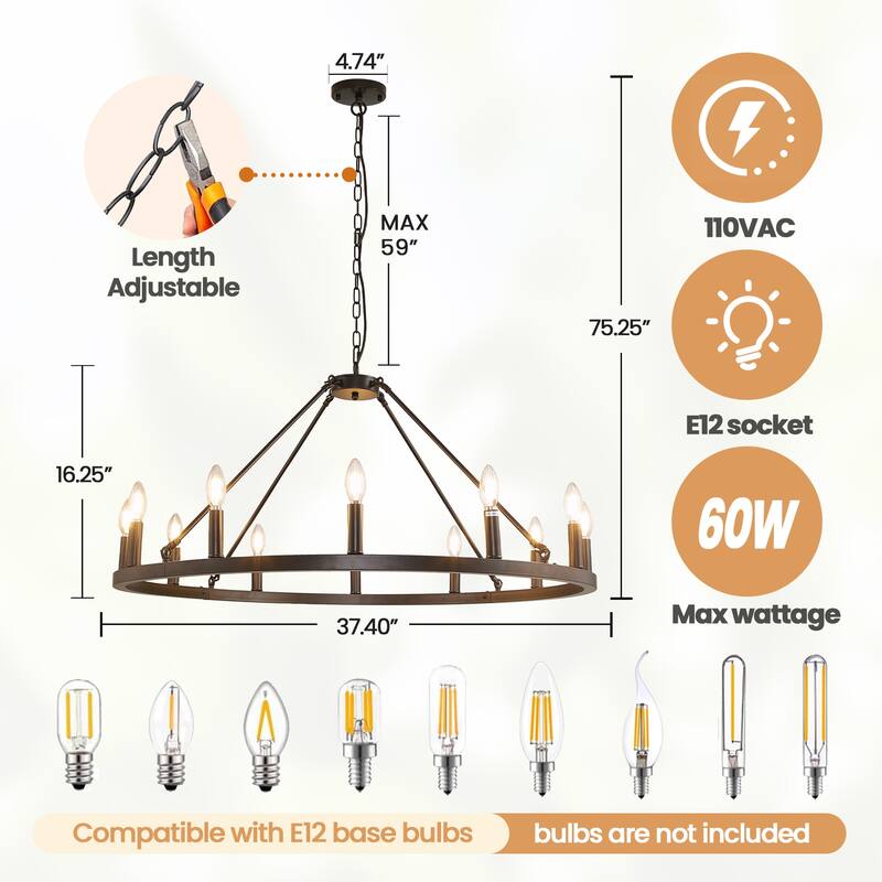 6/12-Light Wagon Wheel Farmhouse Chandelier