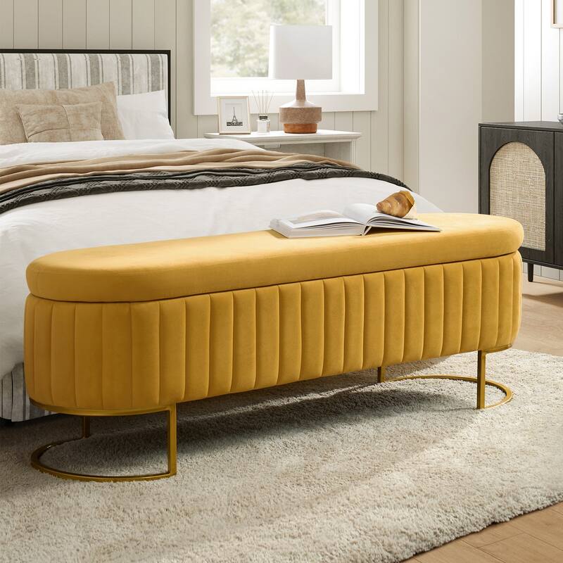 Sara Mid-Century Modern Upholstered Storage Bench Internal Grid With Metal Legs by HULALA HOME - MUSTARD