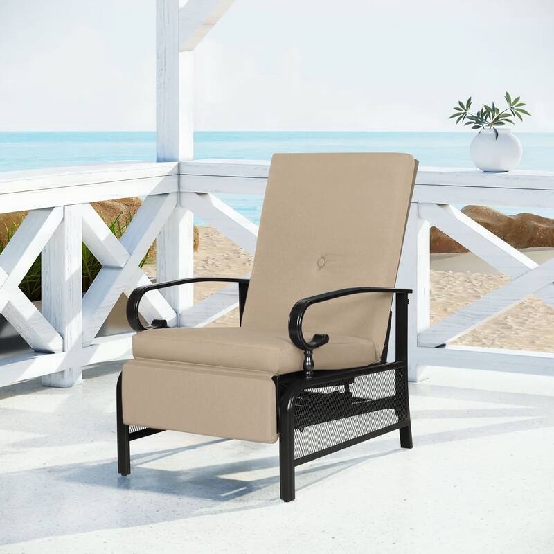 Outdoor Metal Patio Adjustable Recliner Lounge Chair & Bistro Table Set, Retractable Steel Frame and Removable Thick Cushion