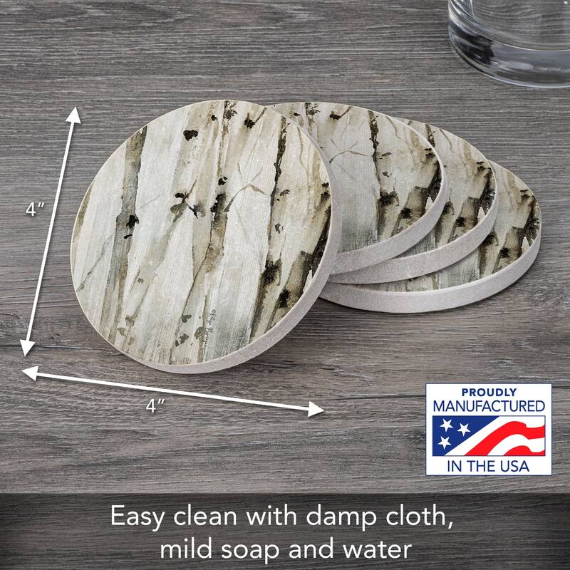Neutral Birch Trees 4 Pack Round Natural Sandstone Coasters with Protective Cork Backing Manufactured in The USA