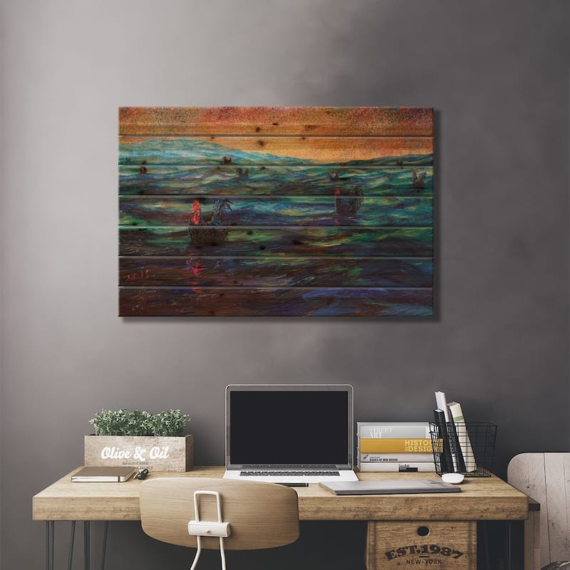 Black Roosters Print On Wood by Iris Scott - Multi-Color