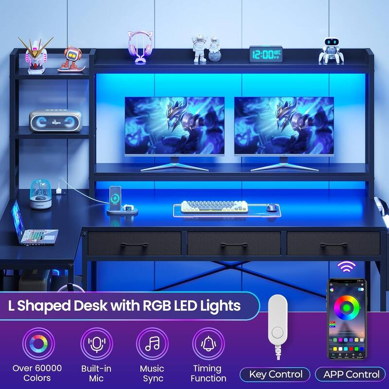 55" L Shaped Gaming Desk Corner Computer Desk Fabric Drawers
