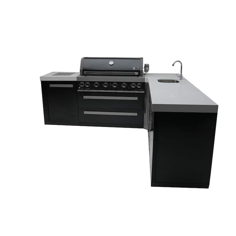 Mont Alpi MAi805-BSS90BEV 6-Burner L-Shaped Black Stainless Steel Modular Outdoor Kitchen Island BBQ Grill with Beverage Center