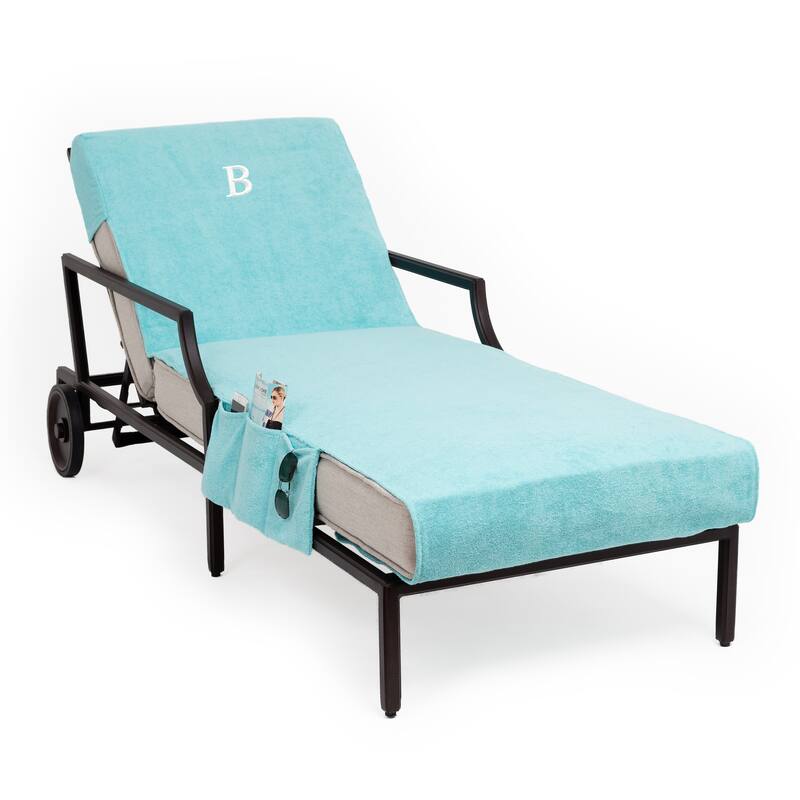Turkish Cotton Monogrammed Aqua Towel Cover for Standard Size Chaise Lounge Chair with Side Pocket - B - Aqua