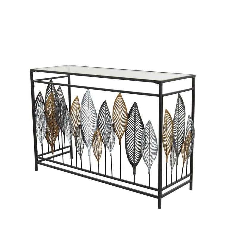 Metal Leaf Rectangular Console Table with Mirrored Glass Top and Gold Accents - Silver, Black or Gold - Roche River Decor - Black