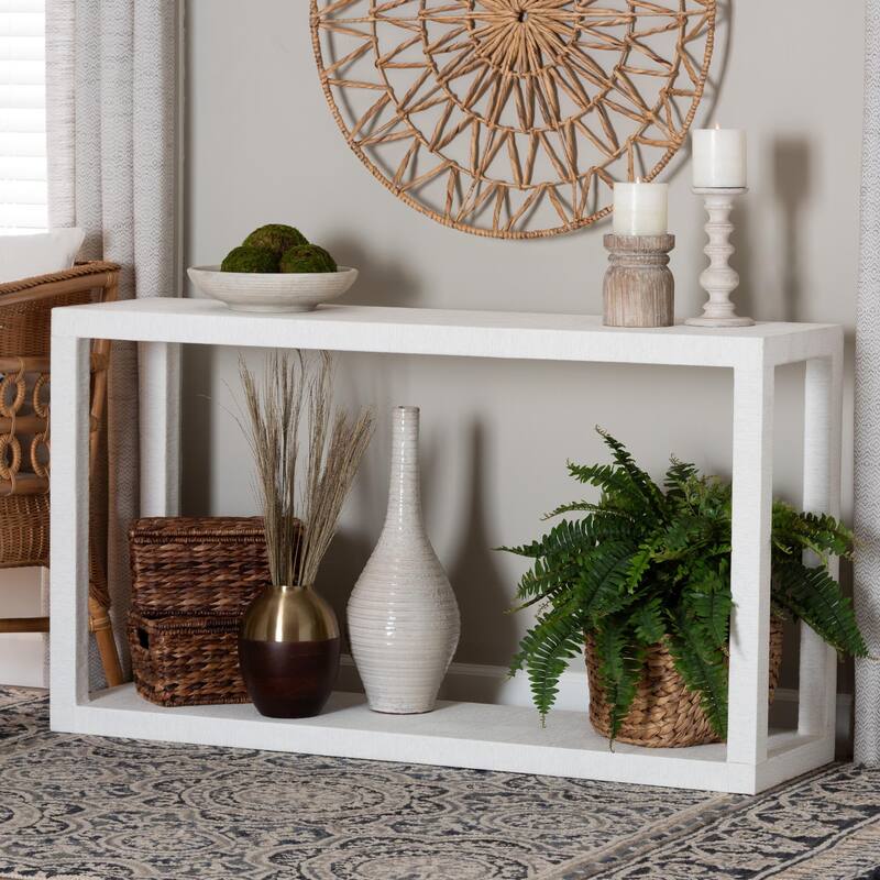 Oaklynn Natural Grasscloth Console Table - Two-Tier Entryway Table with Open Frame, Modern Coastal Accent Table, White