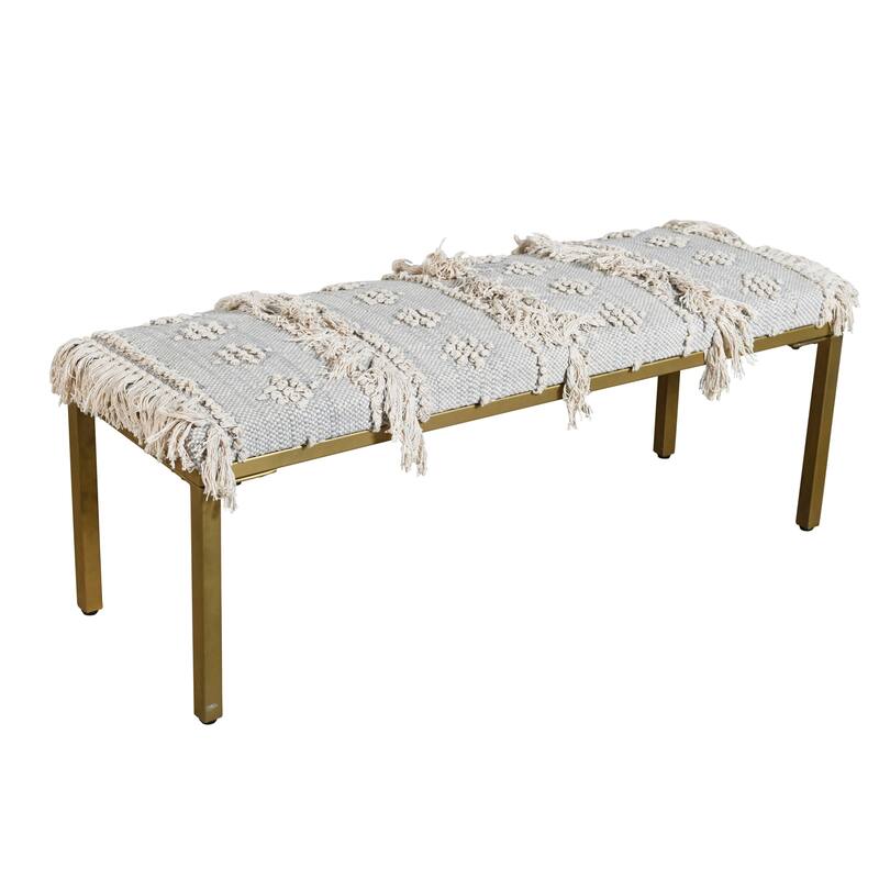HomeRoots 47" Gray Ivory and Gold Geometric Cotton Upholstered Bench - 47' X '18' X '16