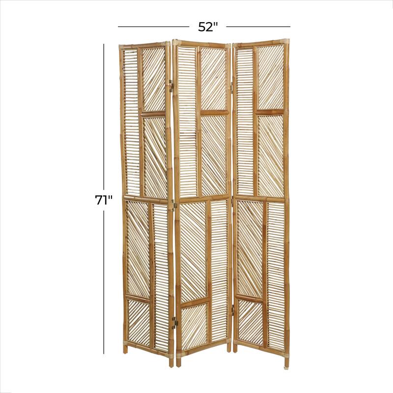 Brown Wood Hinged Foldable Partition 3 Panel Geometric Partition Room Divider Screen - 52 x 1 x 71