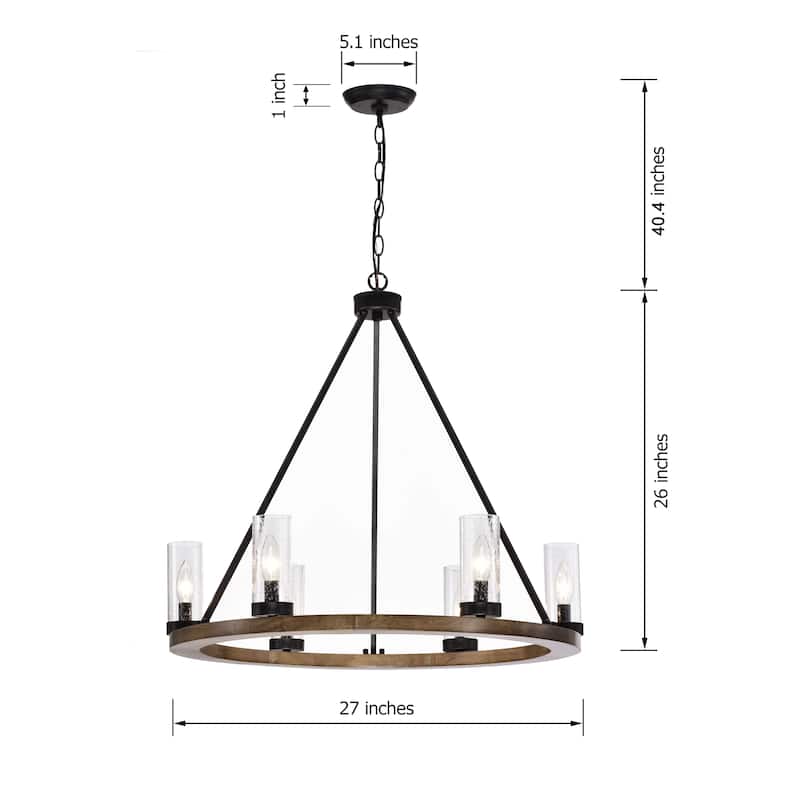 Daniela Natural Wood and Antique Black Metal Bubble Glass Chandelier