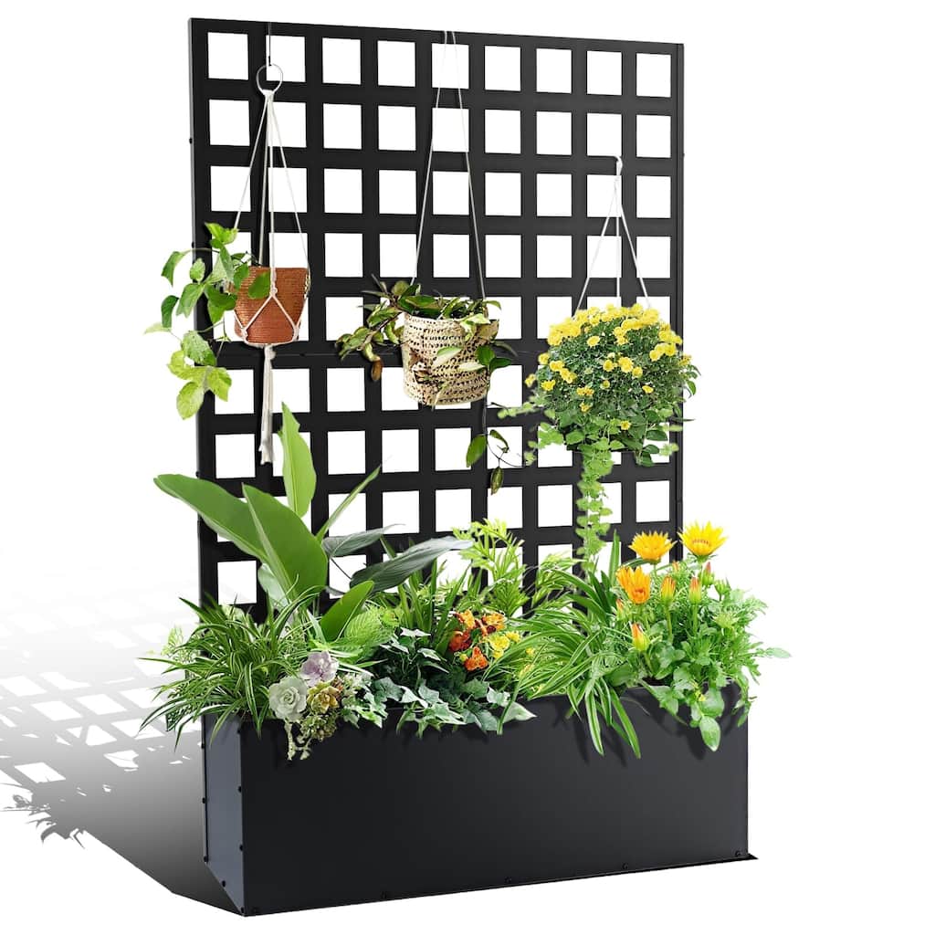 Metal Planter Box with Trellis, Raised Garden Bed with Trellis, Outdoor Garden Box with Privacy Screen & Drainage Holes