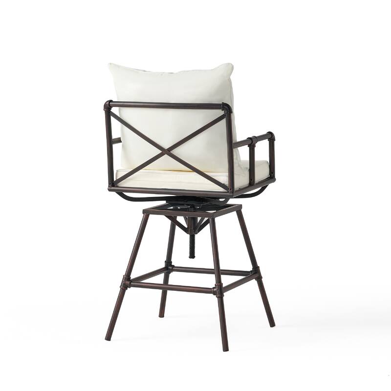 Outdoor Swivel Barstool Chair, Plush White Cushion, Rustic Bronze Iron