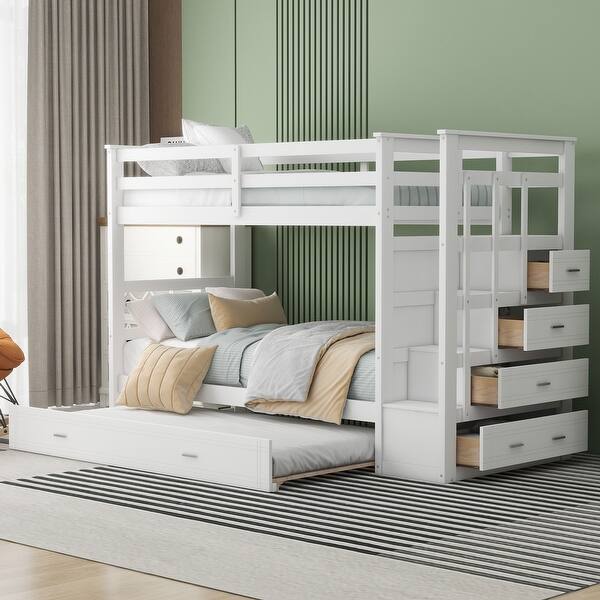 slide 2 of 19, Cabin Design Twin Over Twin Bunk Bed,Solid Wood Bed with Trundle,Storage Staircase with 4 Drawers White
