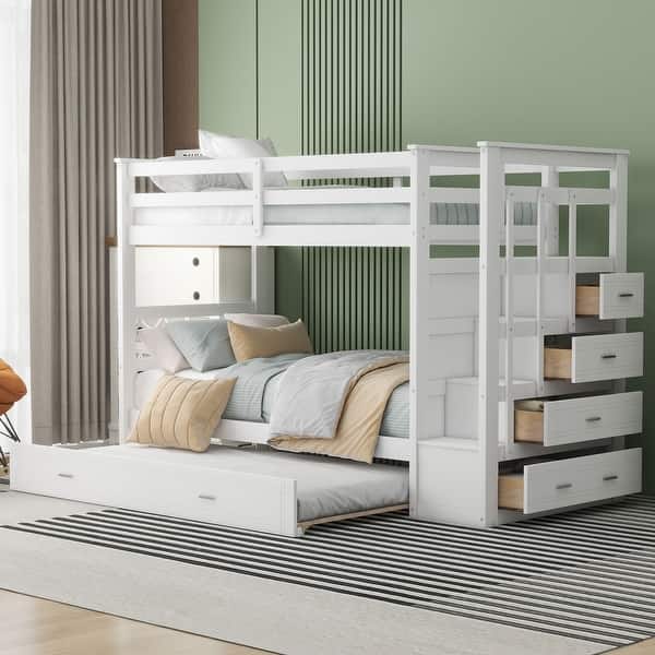 slide 2 of 14, Twin Over Twin Bunk Bed with Trundle Bed, Staircase and 4 Storage Drawers, Solid Wood Bunk Beds with Stairs and Guardrail,White White - Twin