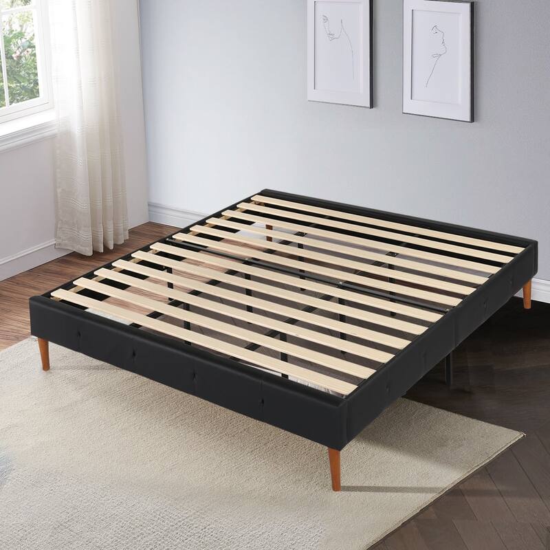 Faux Leather Platform Bed Frame with Wood Slats, No Box Spring Needed Mattress Foundation Twin/Full/Queen/King Size Bed Frame