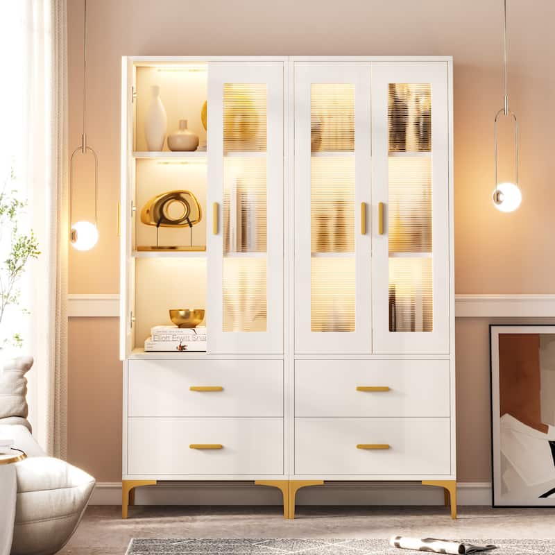 Tall Bookcase Bookshelf Storage Cabinet With Doors and LED Light