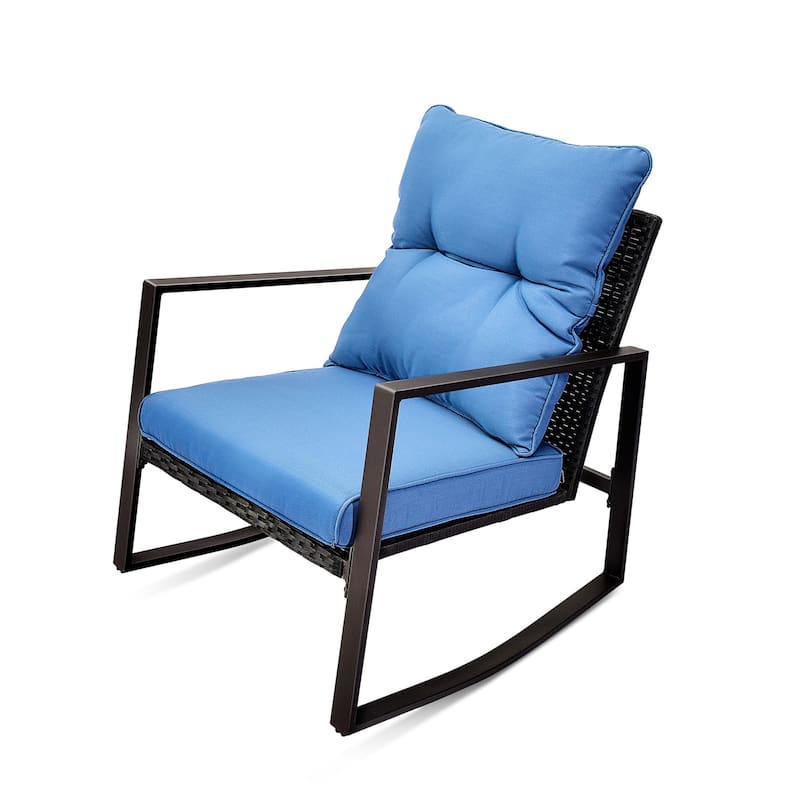 3-Piece Outdoor Rocking Chair Set with Blue Cushions for Garden and Patio