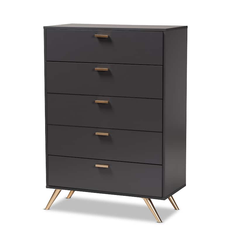 Kelson Modern Dark Grey and Gold Finished Wood 5-Drawer Chest - Grey