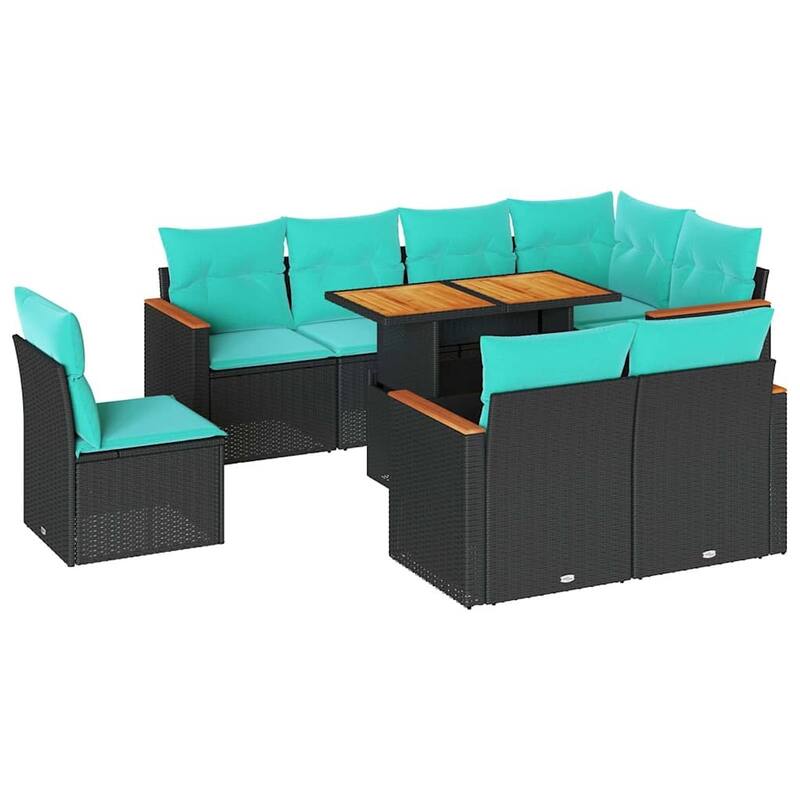 vidaXL 9 Piece Patio Sofa Set with Cushions Black Poly Rattan - 21.7 x 24.4 x 27.2