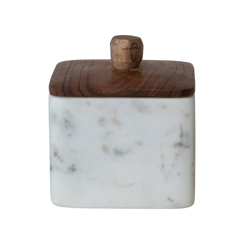 Marble Container with Acacia Wood Lid - 4.0"L x 4.0"W x 4.25"H