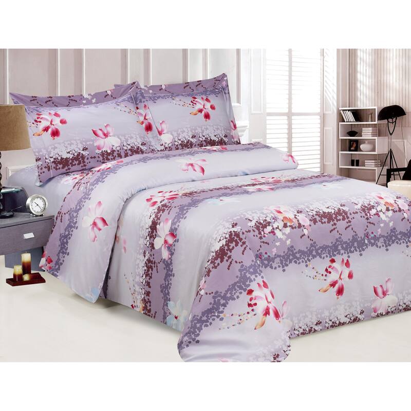 Violet Linen French Sparkling Peach Blossom Pattern, 300 Thread Count Sateen Cotton, Purple, 8 Piece, Bedding Duvet Cover Set - Full