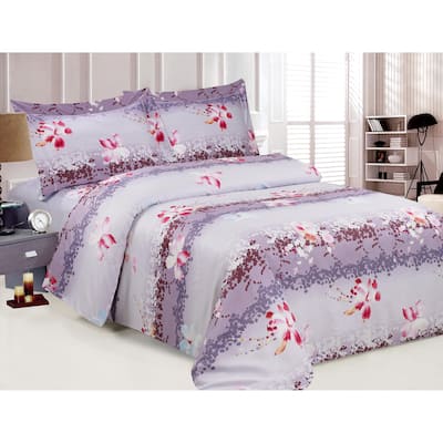 Violet Linen French Sparkling Peach Blossom Pattern, 300 Thread Count Sateen Cotton, Purple, 8 Piece, Bedding Duvet Cover Set