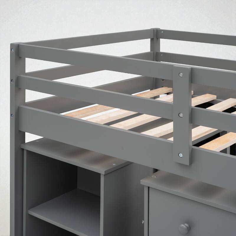 Twin/Full Size Low Loft Bed with Cabinet, Rolling Desk and Bookshelf, Solid Wood Frame for Kids