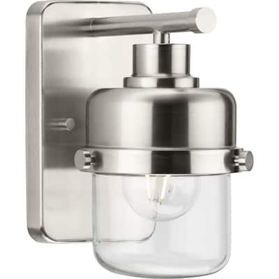 Beckner Collection One-Light Brushed Nickel Clear Glass Urban Industrial Bath Light - 5 in x 6.37 in x 8.62 in