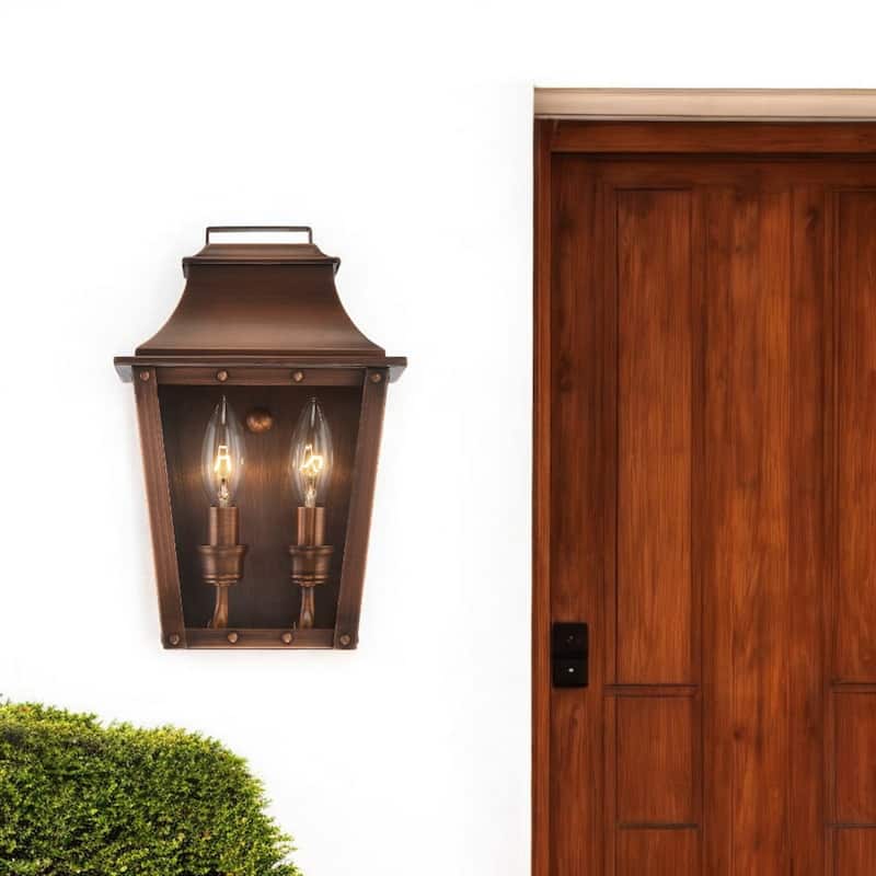 2-Light Pocket Wall Lantern Asian Design with Tapered Glass Shades - 5.25” x 7.50” x 11.50” - Copper