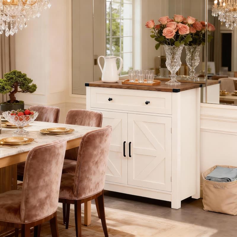 Farmhouse Barn-Door Storage Cabinet, Coffee Bar Buffet Sideboard with Drawer for Kitchen & Living Room - White+Oak