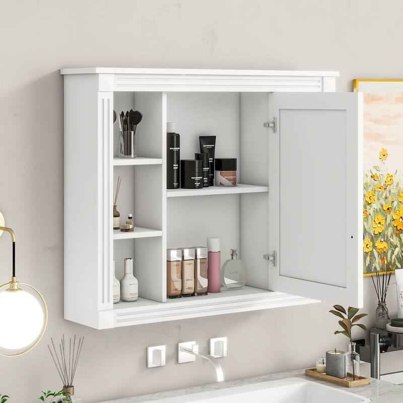 Anmytek 35 x 28 Inch Wall Mounted Bathroom Storage Cabinet with Mirror and 6 Open Shelves Medicine Cabinet