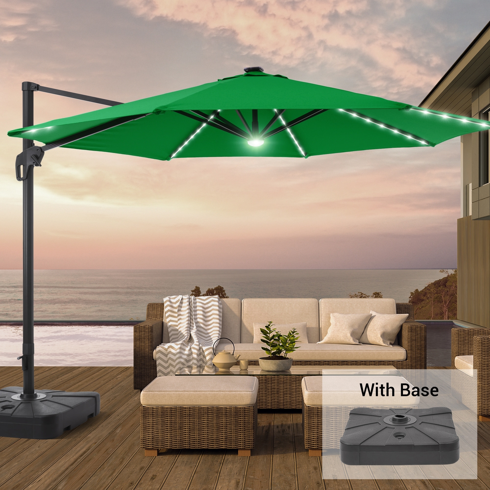 huge offset patio umbrella Acrylic Fabric Cantilever with Base capacity base with 8 wheels (water/sand fillable) Pellebant Double Top 9 ft.