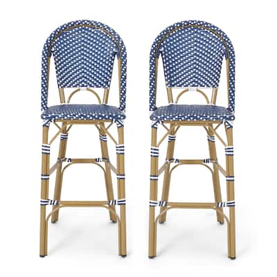 Meso Outdoor Barstool Chair Set of 2, White Blue Wicker Woven, Brown
