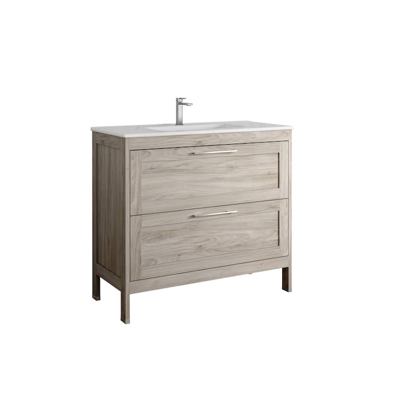 HomeRoots 40" Natural Wood Freestanding Bathroom Vanity With White Sink And Two Drawers - 40.00 in. x 35.06 in. x 17.75 in.