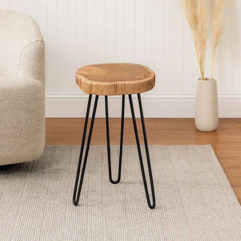 23 Inch Side End Table, Hairpin Legs, Natural Brown Acacia Wood, Black Base