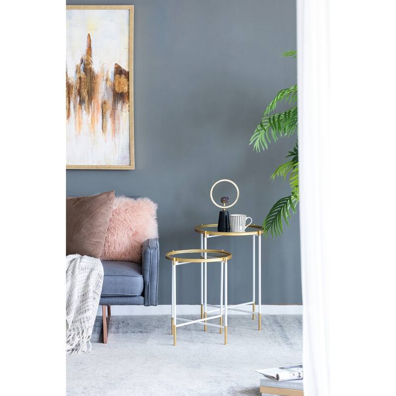 Nesting Side Tables Set of 2 with Glass Tops and Metal Frame