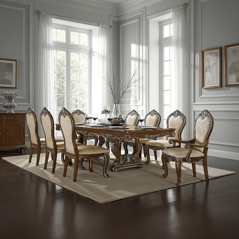 Maver Dining Table, Carved Silver Trim 90-114 Inch Classic Antique Oak