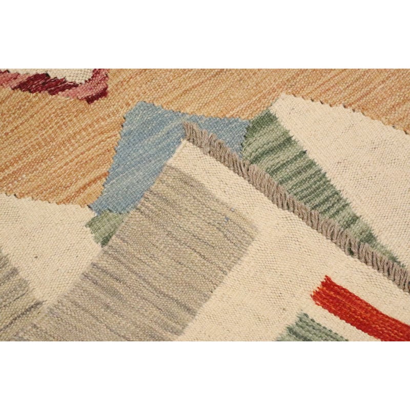 Hand Woven Oriental 100% Wool Carpet Southwestern Tribal Beige & Ivories Kilim Area Rug - 9' 10'' X 6' 5''