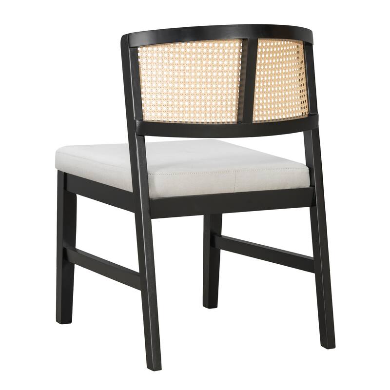 Set of 2 Rattan Dining Chairs - Fabric Upholstered Seat, Curved Rattan Back & Hardwood Frame, Armless
