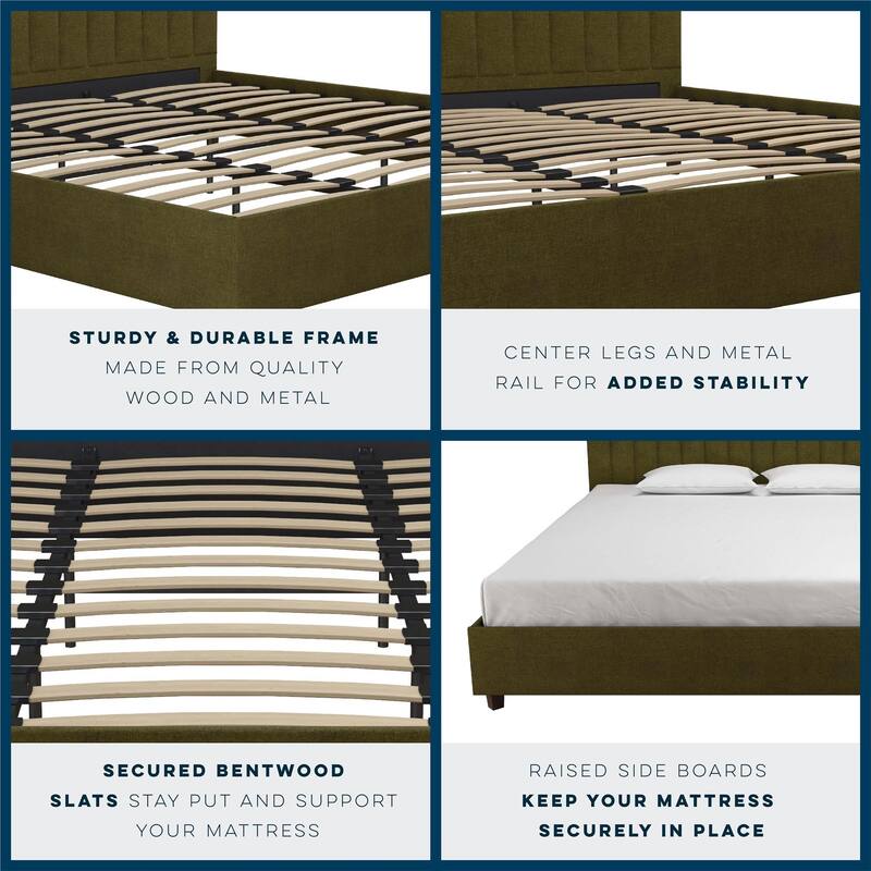 Roomfitters Brittany King Size Upholstered Bed Frame with Ribbed Tufted Headboard, Linen Fabric, Green