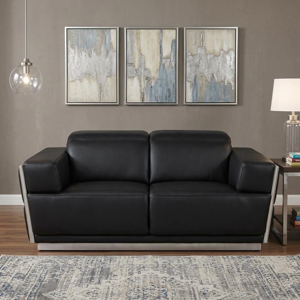 HomeRoots 70" Black And Silver Italian Leather Loveseat - 70.00 in. x 40.00 in. x 43.00 in.