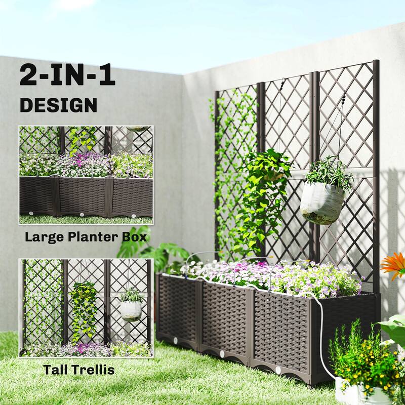 Outsunny 3PCS Plastic Planter Box with Trellis, Self-Watering Raised Garden Bed with Trellis ,Brown
